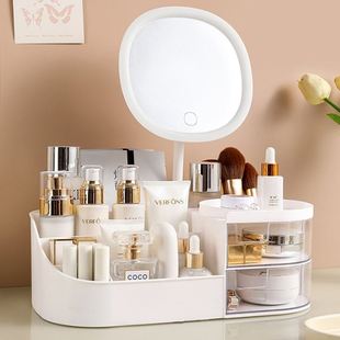 化妆镜收纳盒一体可携式化妆品桌面化妆台整理盒抽屉式化妆镜家用