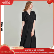 HAVVA2024夏季法式连衣裙小众设计高腰气质v领黑色长裙Q80020