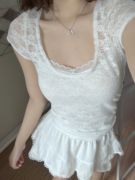 Brandy BM白色蕾丝短袖T恤女夏季正肩性感短款紧身显瘦甜辣妹上衣