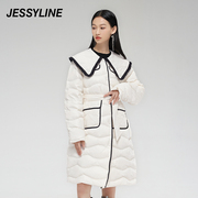 杰茜莱米白色中长款娃娃领羽绒服女装冬季外套 jessyline