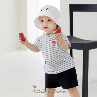 KIDSCLARA韩国婴儿T恤2024夏款男女宝宝条纹短袖上衣可爱纯棉衣服
