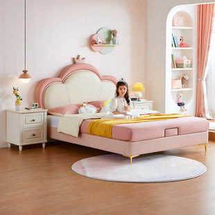 林氏木业儿童床女孩儿公主床粉色，一米二单人床现代轻奢实木软包床