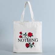 女士玫瑰花朵印花帆布，托特包可重复使用大容量时尚购物袋
