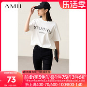 Amii2024夏季中长款上衣宽松休闲字母蕾丝全棉白色短袖T恤女