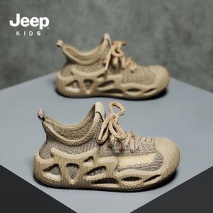 jeep男童椰子鞋夏款透气轻便飞织跑步鞋子，2024防滑儿童运动鞋