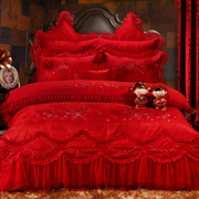 网红婚庆四件套大红色纯棉结婚床品六八十件套全棉蕾丝刺绣花床上