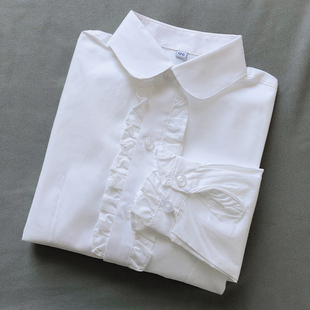 2022春秋女童纯白色衬衣胸，花木耳边袖，中大童纯棉表演校服衬衫