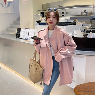 粉红色甜酷机车皮衣外套女2023秋季款韩版时尚休闲减龄设计感夹克