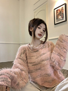 2023秋冬季款粉色设计感软糯长袖毛衣圆领套头宽松显瘦毛衣女