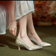 2023春秋女士浅口单鞋，法式高跟鞋细跟刺绣花鞋，民族风中式国风