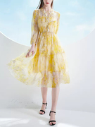 法式黄色泡泡袖雪纺碎花连衣裙女2024夏季设计感长袖裙子