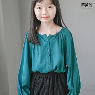 蔡爸爸文艺童装上衣中大童，少女春秋装蓝绿色长袖宽松衬衫1232+630