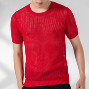 男士透气镂空圆领T恤韩版纯色休闲毛线上衣网红凉感薄款针织衫潮