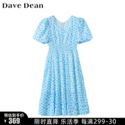 davedean女装商场同款蓝色碎花，方领雪纺连衣裙高腰，a字10591