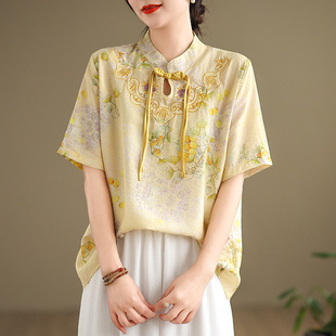 新中式国风刺绣复古立领盘扣短袖，衬衫女宽松2024夏季t恤女装