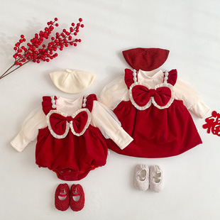 新年装女童公主连衣裙，冬款新生儿姐妹款，蝴蝶结裙子儿童红色背心裙
