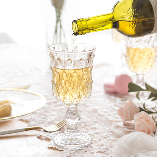 复古浮雕玻璃杯高脚杯香槟葡萄酒杯，透明欧式红酒杯家用七点生活