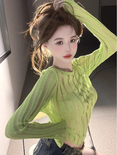 美式绿色网纱镂空罩衫女性感辣妹装外穿针织防晒衫设计感小众上衣
