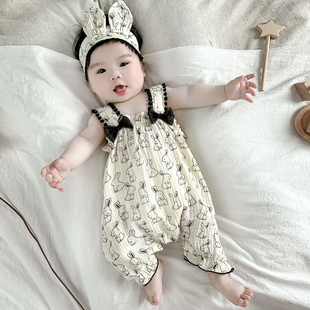 新生婴儿衣服夏装薄款透气连体衣宝宝满月百天公主哈衣包屁衣爬服
