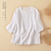 亚麻短袖女t恤宽松夏季白色，上衣宽松褶皱，五分袖半袖衬衫棉麻女装