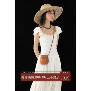 美丽的皇帝 白色飞飞袖连衣裙2024夏季修身显白显瘦短袖长裙