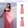 GUO JINGYI时尚拼黑粉红玫瑰吊带长裙连衣裙女CHENSHOP设计师品牌