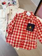 好显白!红色格子生日熊衬衫(熊，衬衫)23秋男女童全棉，红色格子生日熊长袖(熊长袖)