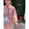 秒发！减龄设计感韩国东大门休闲翻领纽扣宽松直筒粉色衬衫连衣裙