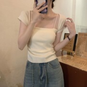 2023夏季韩版修身气质方领设计感针织衫短袖女学生上衣ins潮