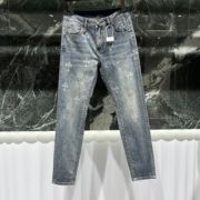 欧洲站夏季男士牛仔裤薄款小脚，修身潮牌个性，印花时尚弹力休闲长裤