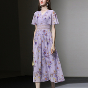 2024夏季时尚v领镂空紫色印花雪纺长裙，气质名媛风显瘦连衣裙