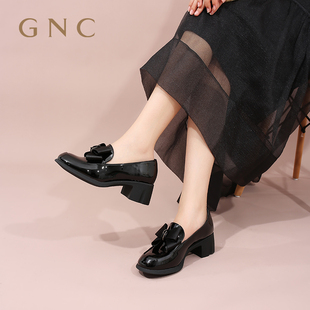 GNC圆头乐福鞋女2024春季新商场同款蝴蝶结百搭复古粗跟方跟单鞋