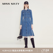 misssixty2023冬季牛仔连衣裙女polo领单排扣褶边复古气质