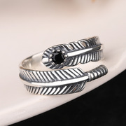 s925纯银 羽毛黑锆石泰银戒指复古做旧个性ins潮冷淡风指环