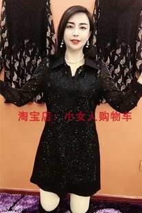 POLO领纯色重工烫钻蕾丝长袖打底裙2022春季减龄时尚连衣裙女