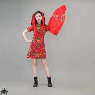 中国风改良演出旗袍，长短款复古东北大，花布修身走秀高考旗袍