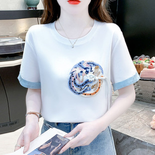 新中式国风刺绣流苏短袖T恤女夏季宽松显瘦休闲体恤正肩上衣夏装