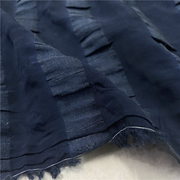 日本进口藏青色宽条纹压绉肌理铜氨亚麻布料设计师衬衫连衣裙面料