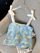 夏季法式蓝色立体玫瑰花瓣吊带，背心甜美超仙气质短款无袖上衣