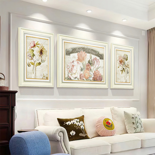 欧式客厅装饰画复古沙发背景墙，三联画卧室，花卉田园简欧壁画法式