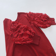 日单春夏甜美朱砂红色两穿立体蕾丝，花朵五分袖，v领针织衫中袖上衣