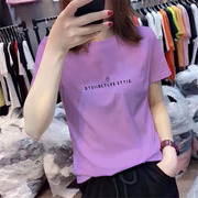 纯棉ins短袖紫色上衣2024年韩版半袖t恤女夏装字母宽松体恤衫