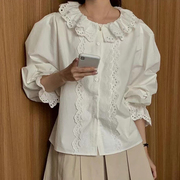 韩国chic春季法式气质圆领拼接蕾丝花边宽松百搭喇叭袖衬衫上衣女