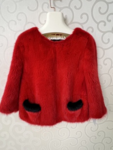天鹅绒水貂女短款套头皮草冬季整貂红色时尚设计胸围94衣长52