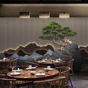 新中式餐厅背景墙壁纸现代中国风，3d立体山峦，茶室过道装饰古典墙纸