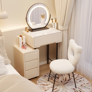 实木梳妆台卧室现代简约小户型，迷你奶油风简易化妆桌收纳柜一体