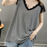 韩版蕾丝镂空双v领拼接t恤女大码无袖打底衫，300斤宽松显瘦条纹衫