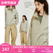 ConE冬季美式复古斜襟格子棉服外套女设计感加厚保暖套头棉衣