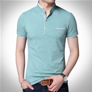男装纯棉小立领短袖t恤浅绿色，大号码修身型小衫气质塑形年轻单衣