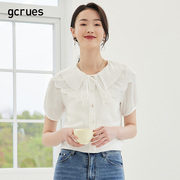 gcrues刺绣镂空衬衫，女2024夏季单排扣短袖白色，娃娃领上衣系带
